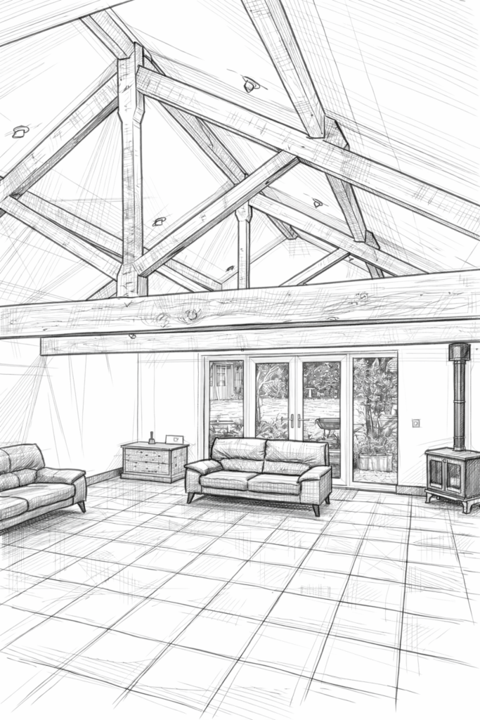 A technical drawing showing a J.R.O. Home Renovation with wooden beams and a log burner