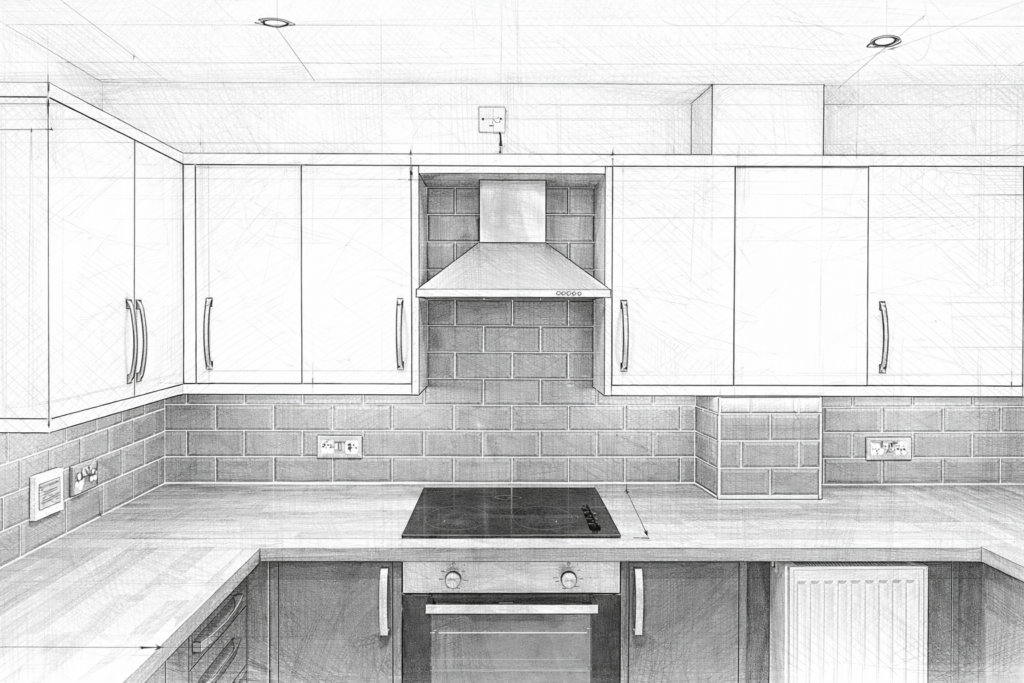 A technical drawing showing a J.R.O. Home Renovation kitchen installation